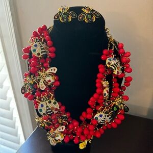 Sassy Jones Vintage Love Bug Necklace Set-Red